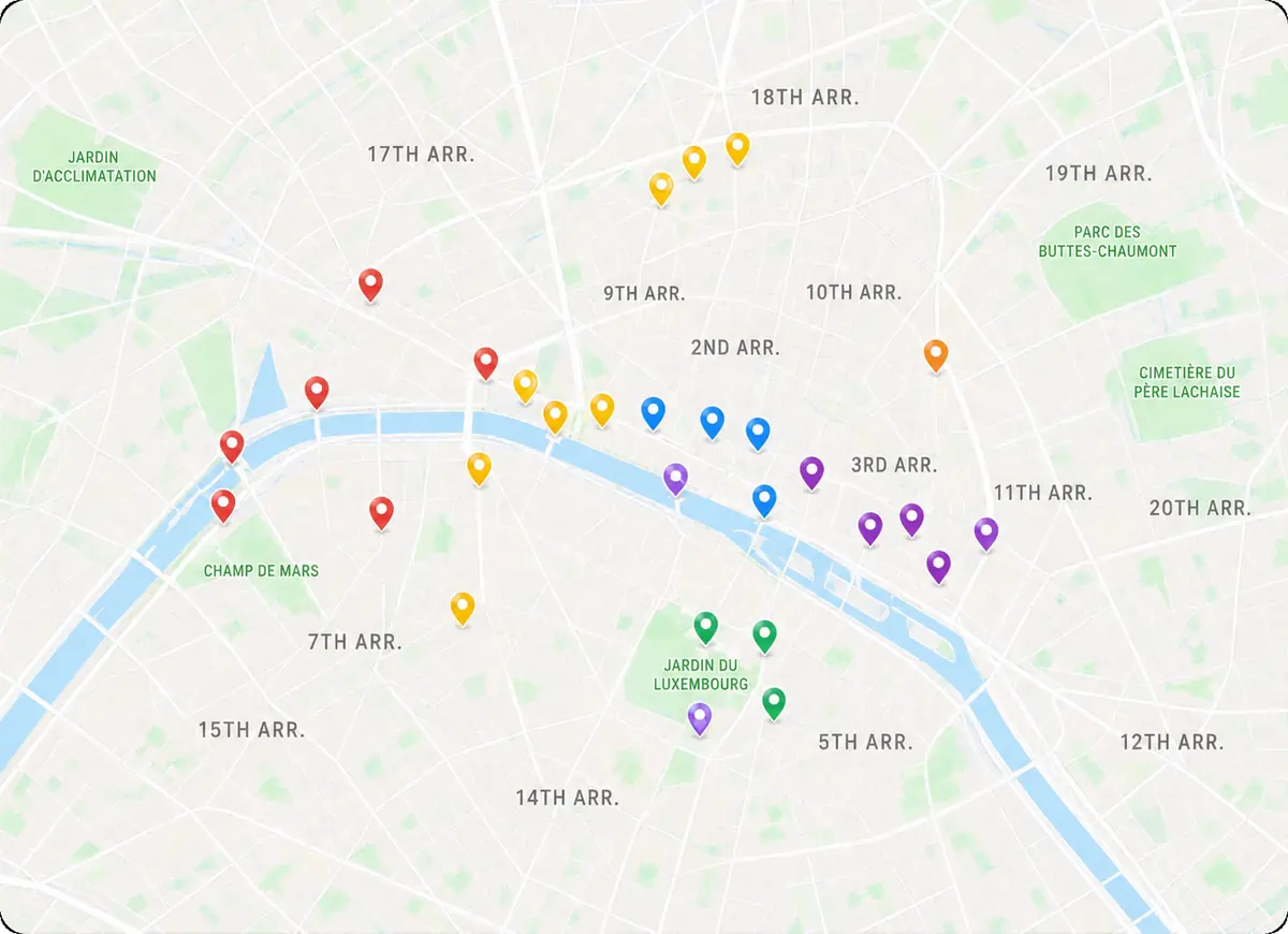 Mapa do roteiro de Paris no Google Maps, com um pin por endereço e uma cor por dia